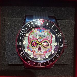 Invicta Men’s Black Bezel Watch with Colorful Sugar Skull Dial